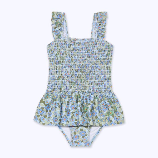 Traje de baño falda flor azul